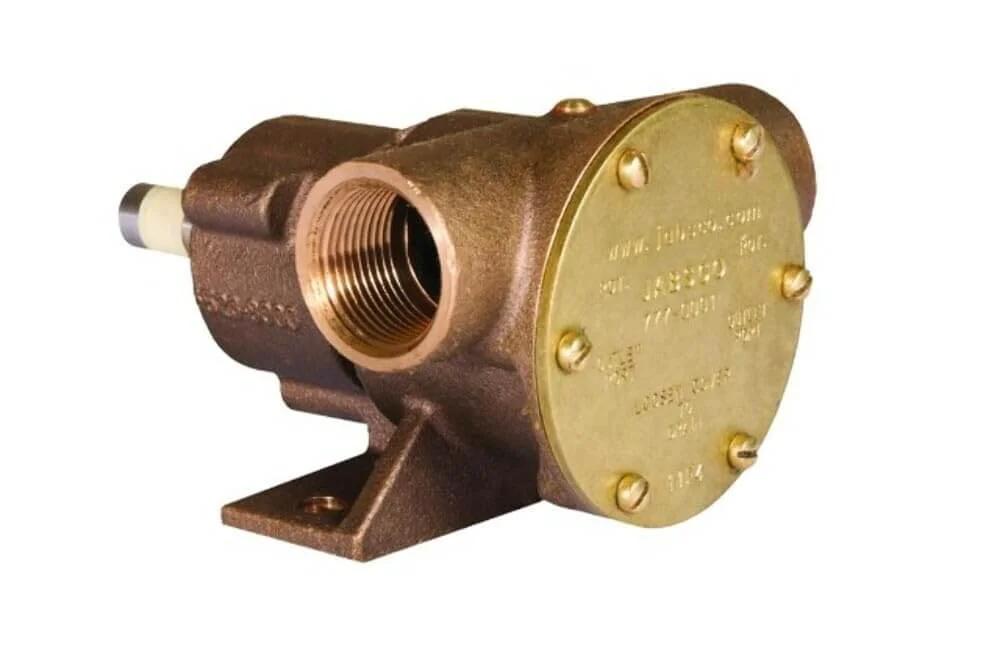 Front view of 777-9001 Marine Pulley Driven Flexible Impeller Pedestal Mount Pump with bronze finish and 1" NPT ports.