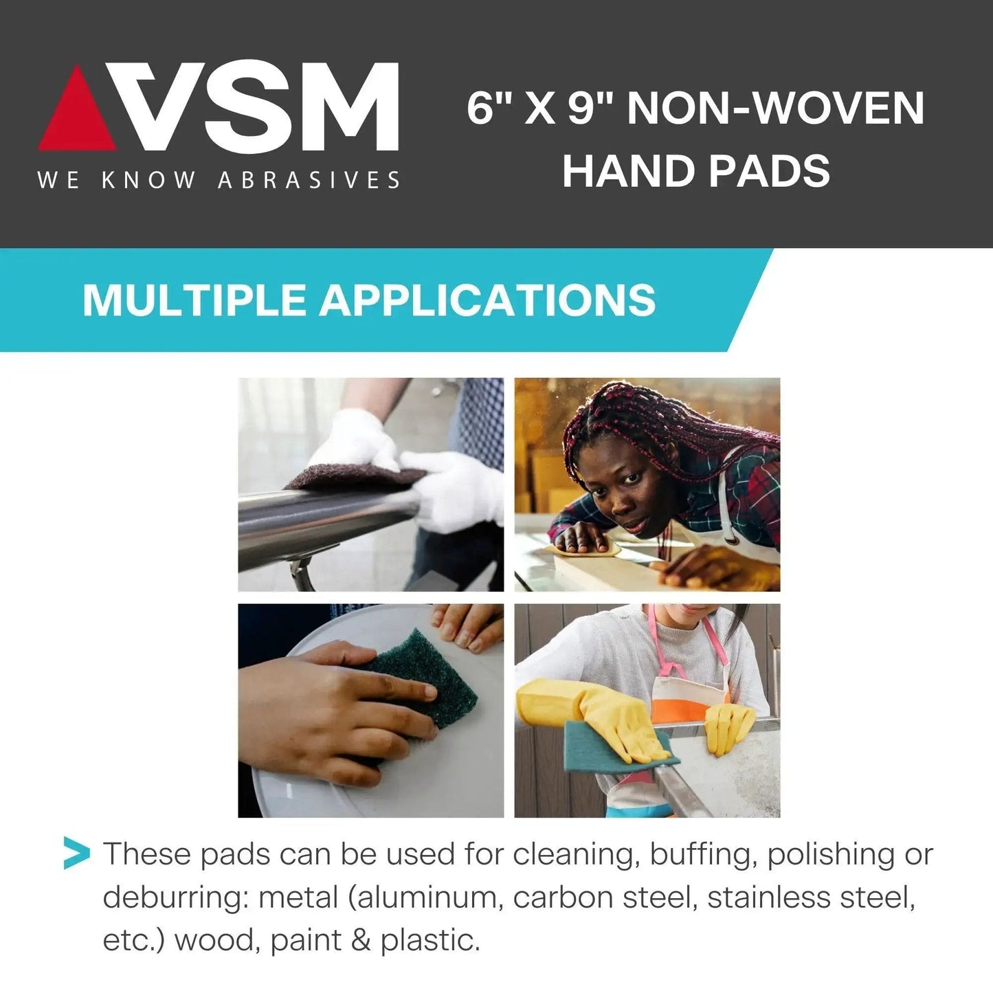 Four images showing uses of Maroon Very Fine Nonwoven Hand Pad 6 x 9 Inch Aluminum Oxide Scrub Pad in cleaning and detailing tasks.