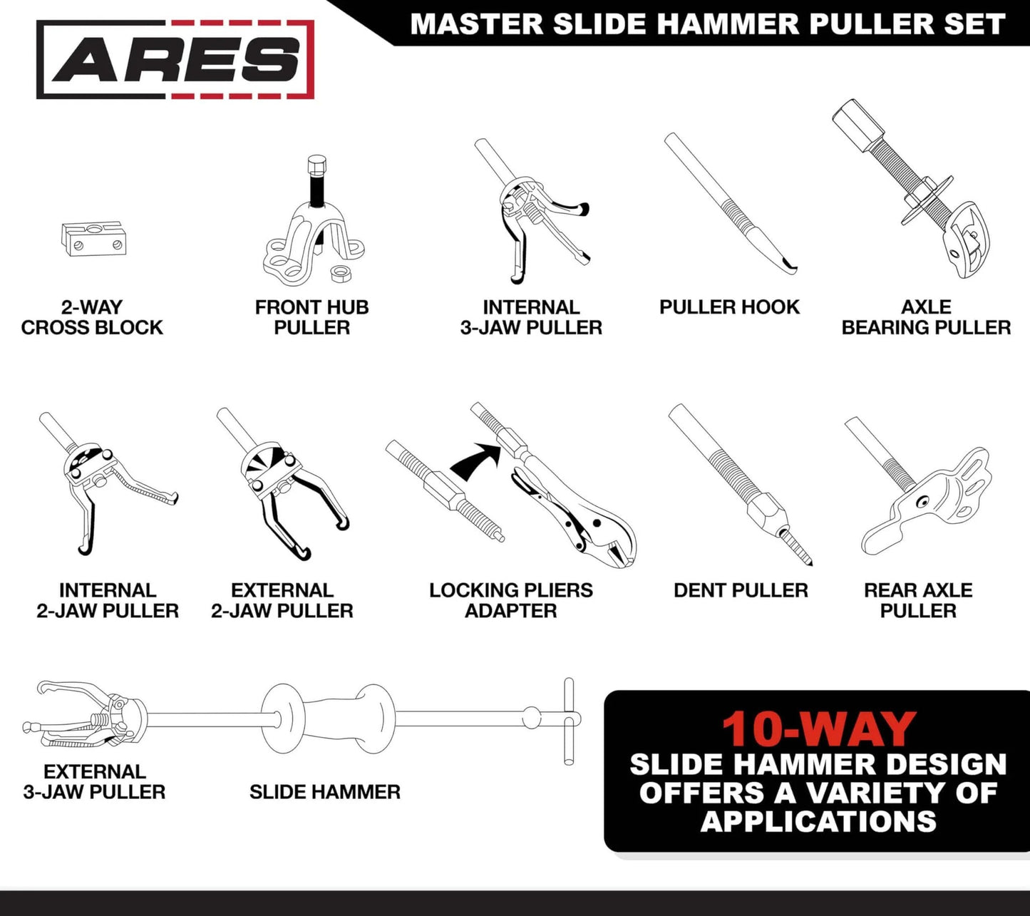 Diagram of Master Slide Hammer Puller Set – 10-Way Slide Hammer Puller Set Includes 3-Piece Rear Axle Bearing Puller Kit