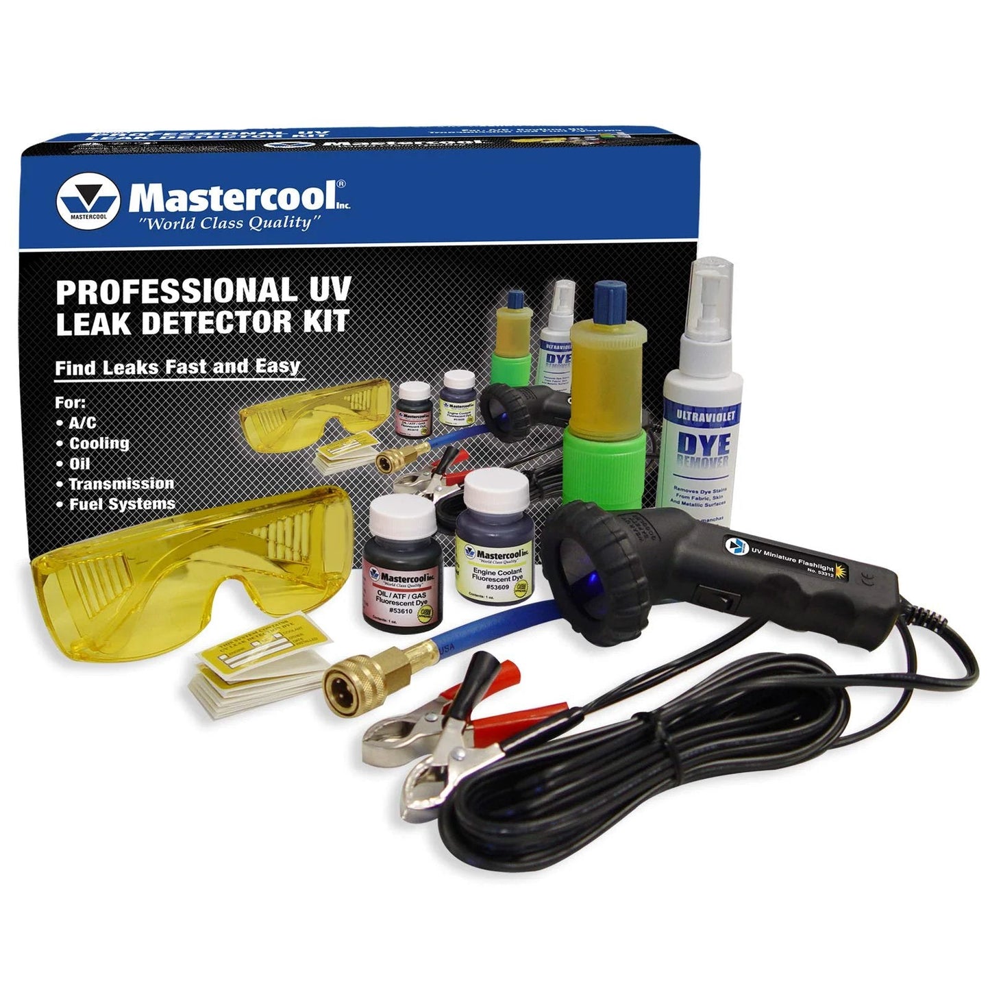 All In One UV Leak Detection Kit For Automotive And HVAC Systems Mastercool 53351 With 12 Volt High Intensity Light For Quick Pinpoint Of AC Coolant Fuel Oil ATF Leaks Includes Universal Dyes Glasses R134a And R12 Compatibility in a box with tools and safety glasses.