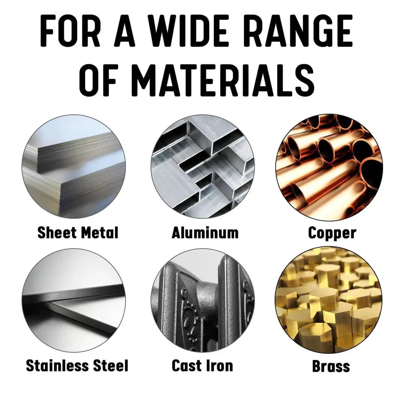 Materials for use with Bridge Reamer Five Eighths Inch: sheet metal, aluminum, copper, stainless steel, cast iron, brass