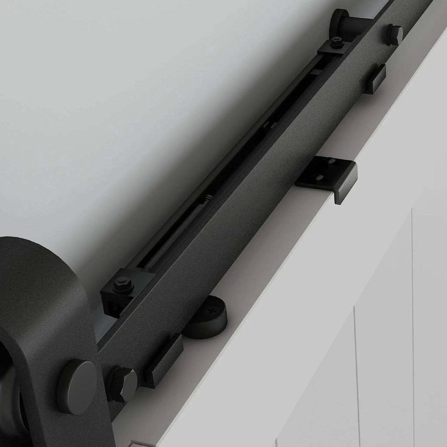 N700-112 Interior Sliding Barn Door Hardware Soft Close Kit Matte Black installed on white door showing top track