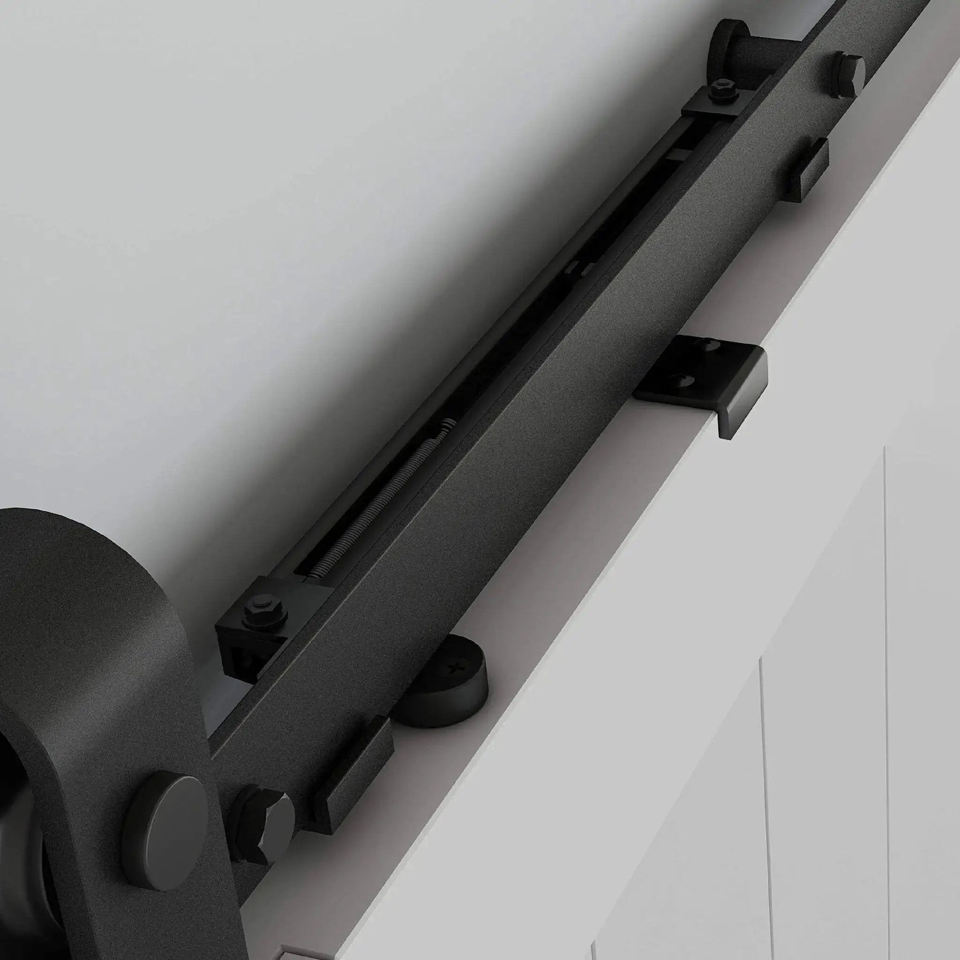 N700-112 Interior Sliding Barn Door Hardware Soft Close Kit Matte Black installed on white door showing top track