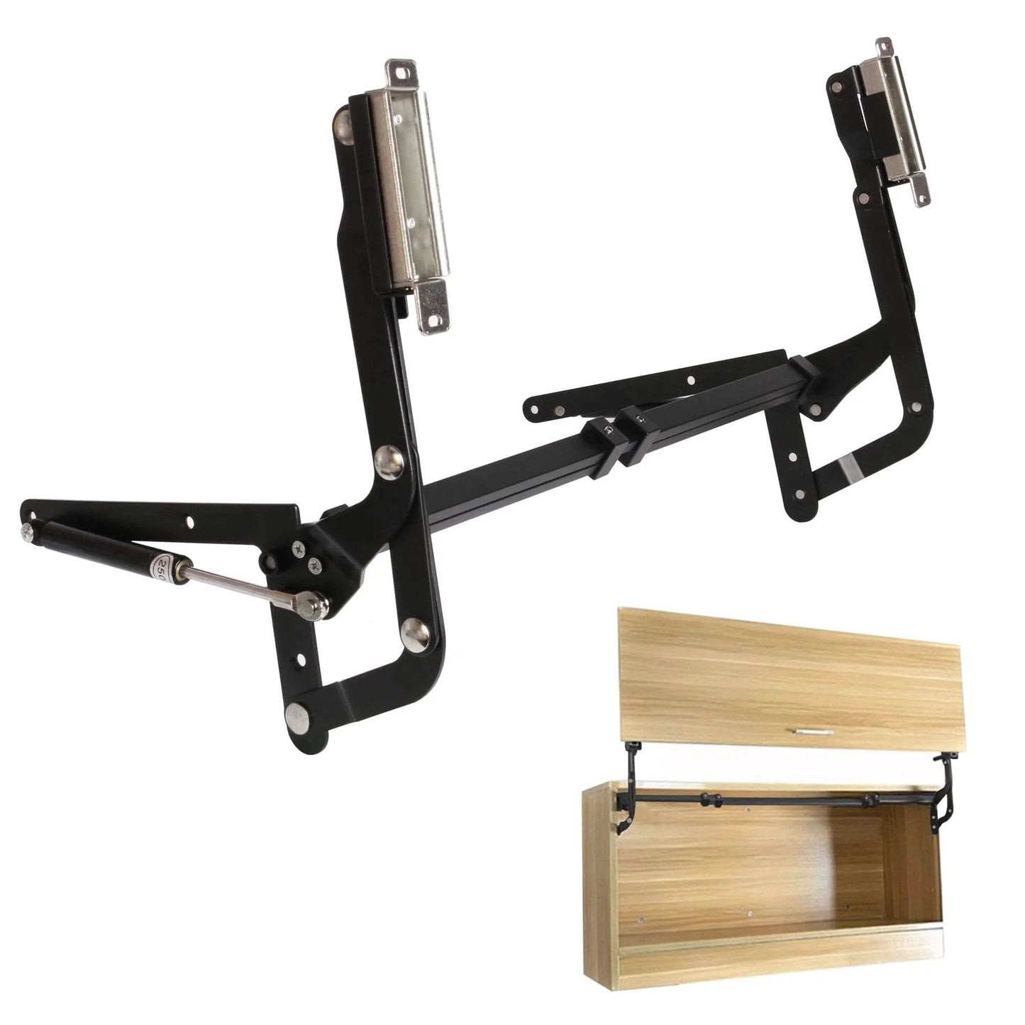 Vertical Lift Hinge, Vertical Swing Lift Pneumatic Arm Kitchen Mechanical Hinge Slow Closing, shown with installed cabinet