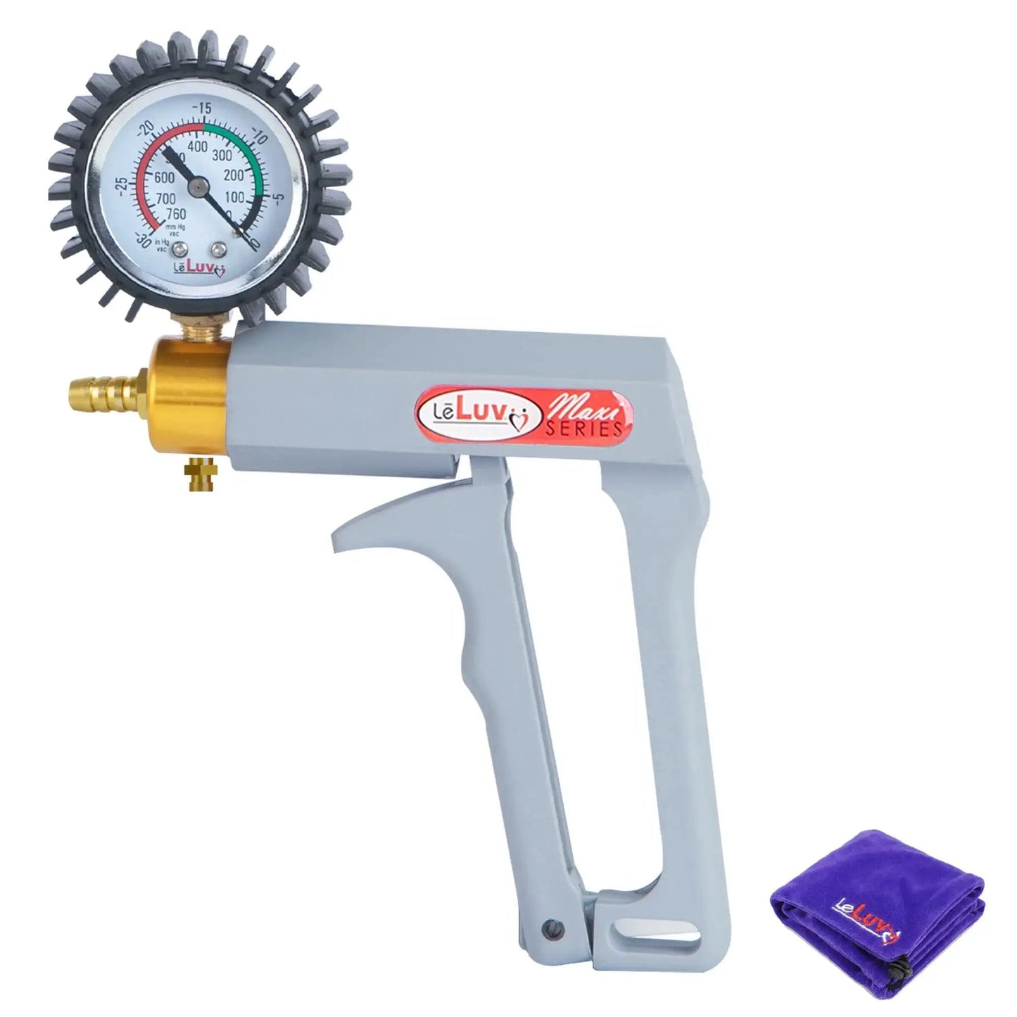 Maxi Manual Vacuum Pump For Precise Suction Control 0-30 Hg 0-760 MmHg with ergonomic nylon handle and pressure gauge, grey