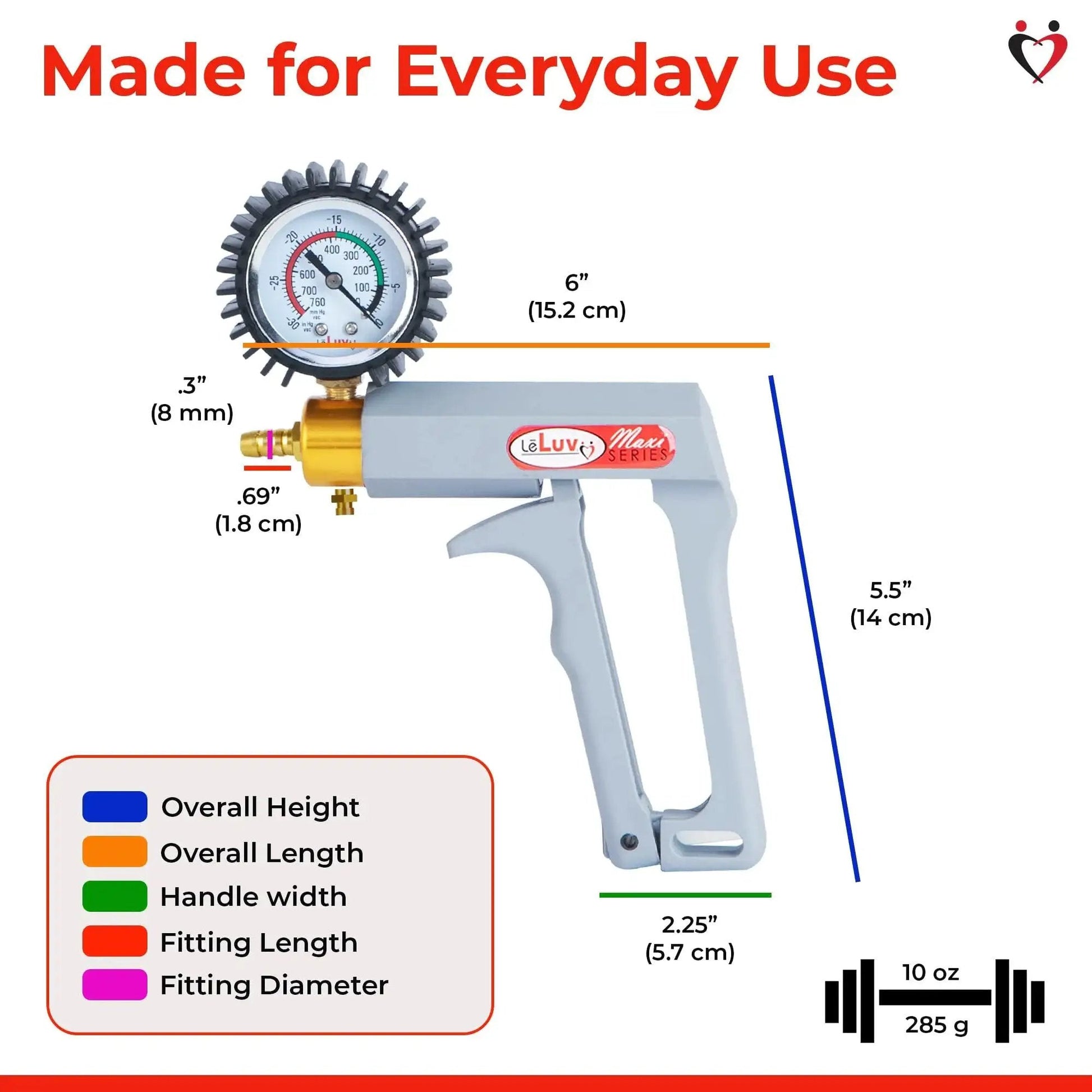 Maxi Manual Vacuum Pump For Precise Suction Control 0-30 Hg 0-760 MmHg with ergonomic nylon handle, pressure gauge close-up