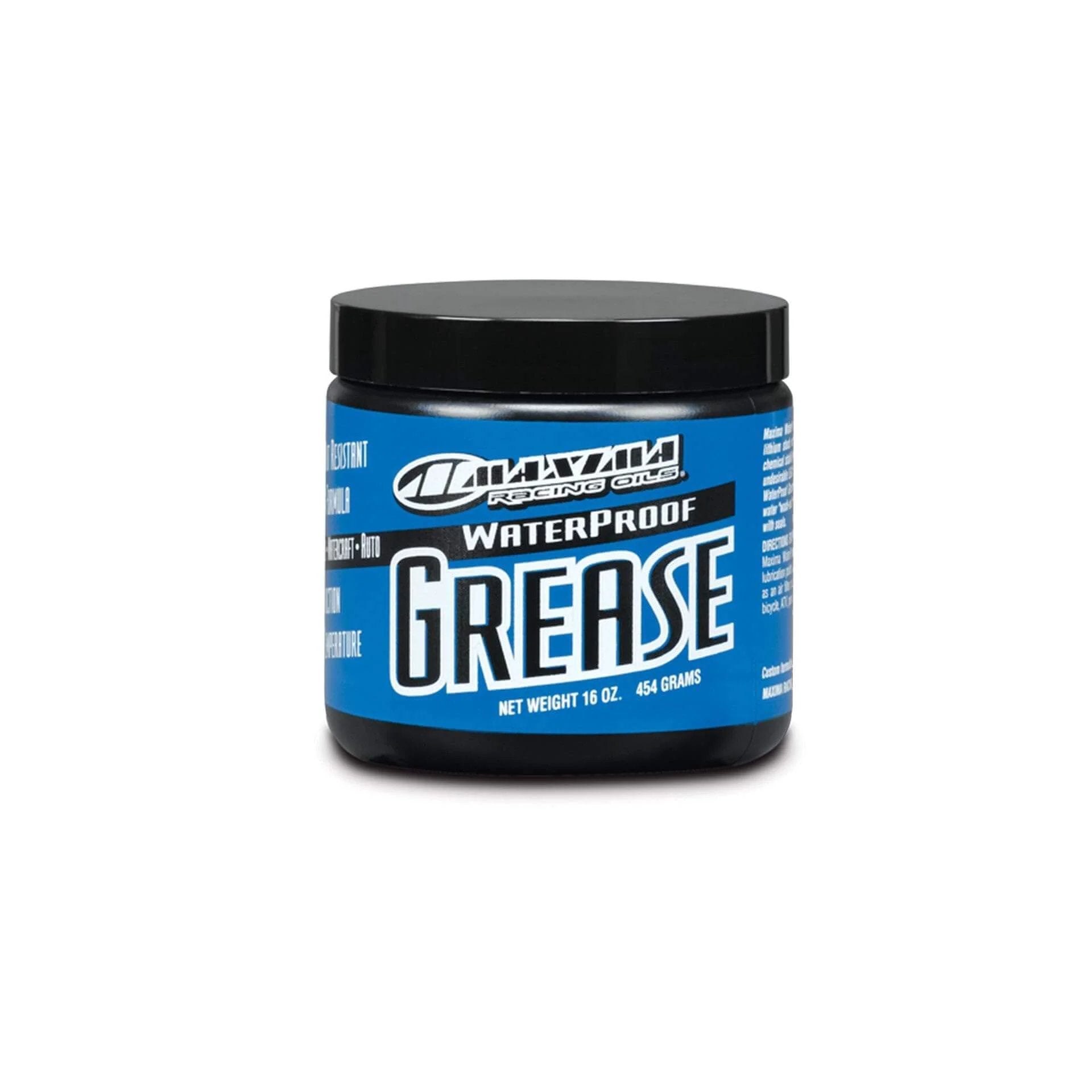 Maxima 80916 Waterproof Grease - 16 oz. Bottle , BLACK, front view of blue and black container