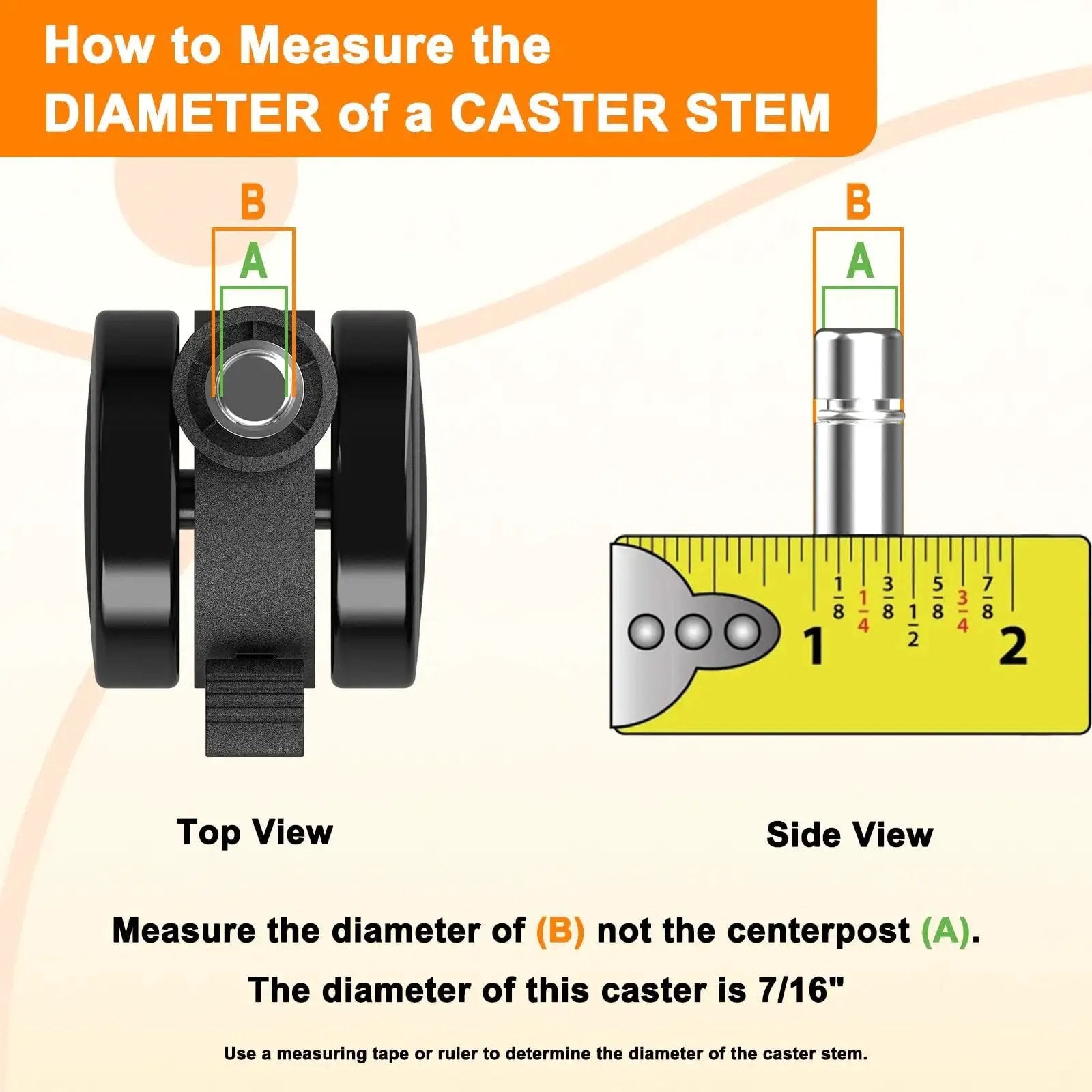 Illustration showing how to measure the diameter of a chair caster stem with a ruler, highlighting 7/16 inch measurement.