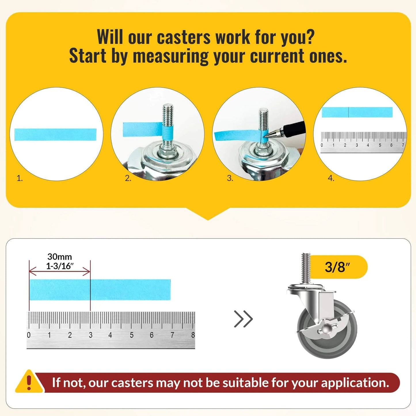 How to measure caster stems with ruler guide for 3 Inch Locking Caster Wheels Set of 4 with Threaded Stem 3/8-16 x 1-1/2