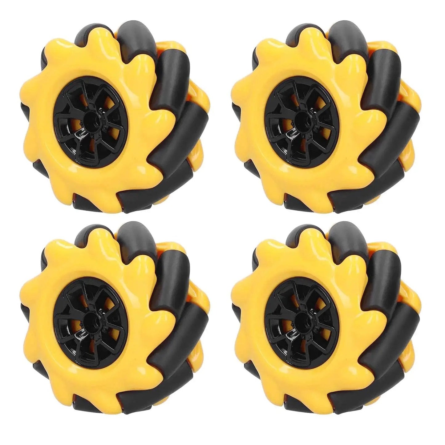 Mecanum Wheel Set for Four Wheel Drive RC Cars and Smart Robots Durable Yellow and Black 2.4 Inch Robot Wheels With Dope Movement Modes DIY Toy Component Two Pairs Chiciris For Serious DIY Fans shown in a set of four.