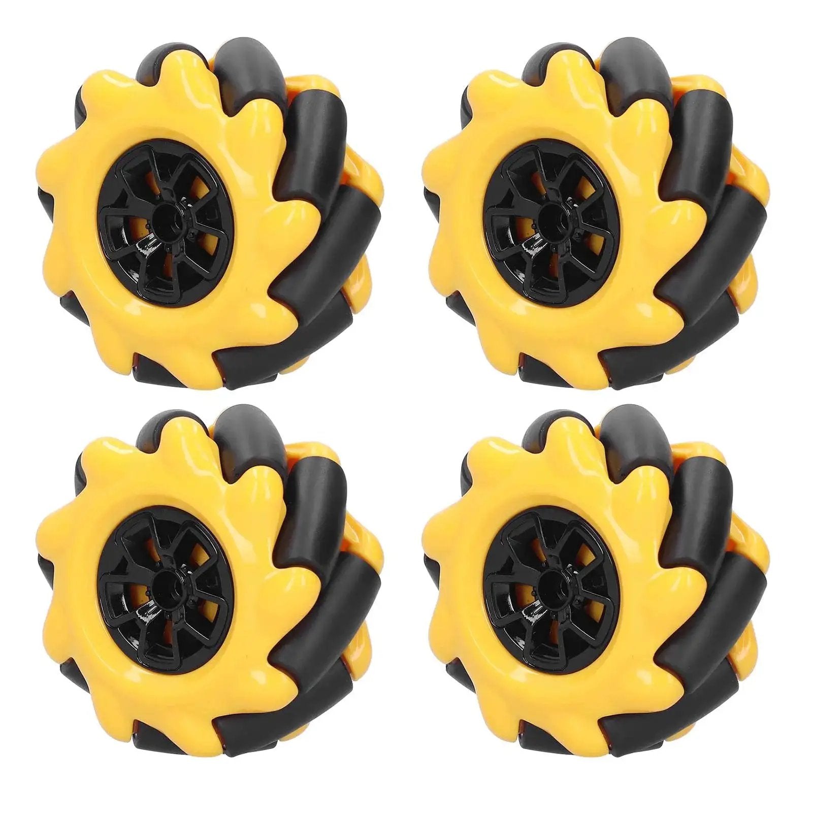 Mecanum Wheel Set for Four Wheel Drive RC Cars and Smart Robots Durable Yellow and Black 2.4 Inch Robot Wheels With Dope Movement Modes DIY Toy Component Two Pairs Chiciris For Serious DIY Fans shown in a set of four.