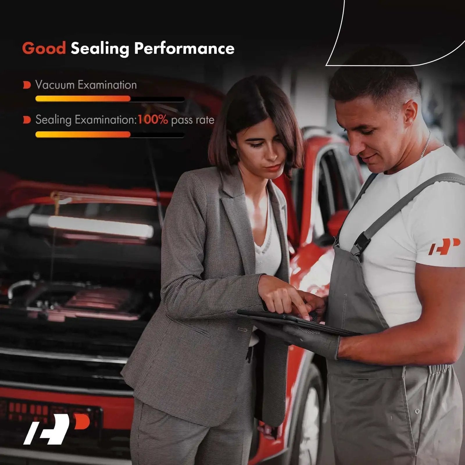 Mechanic and woman discussing Mercedes brake vacuum pump performance in service garage