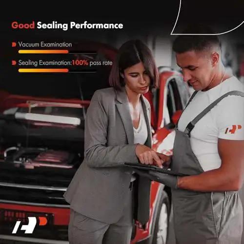 Mechanic and customer discussing vehicle's brake vacuum examination with open hood in garage