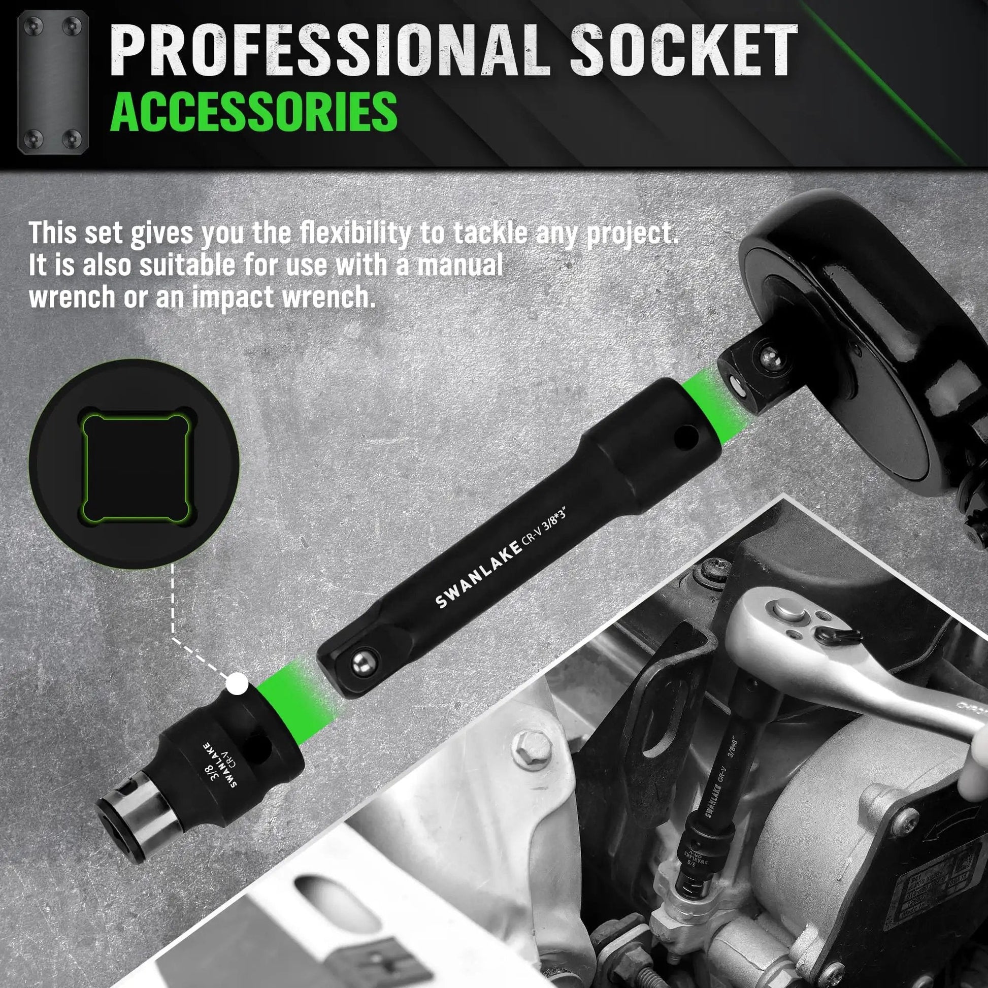 Rugged 18 Piece Impact Socket Extension Set With Swivel Universal Joint Deep Quarter Inch Drive Installation View
