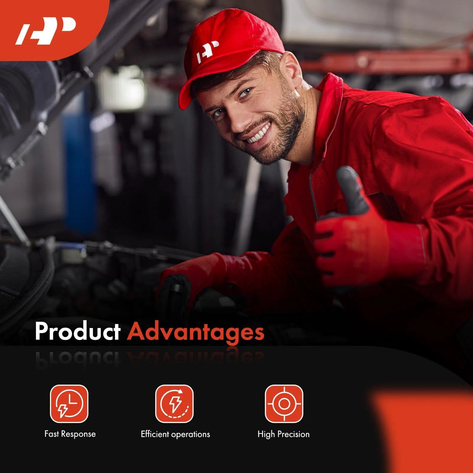 Mechanic in red work uniform and cap, smiling while giving a thumbs up in a garage, showcasing engine service.