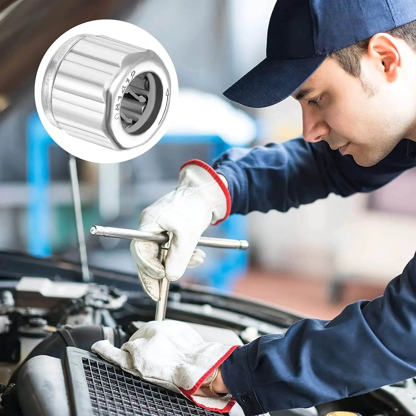 Mechanic working on engine with Four Pack Needle Roller Bearings One Way Bearing 8mm Bore 14mm OD 12mm Width ST14 Steel.
