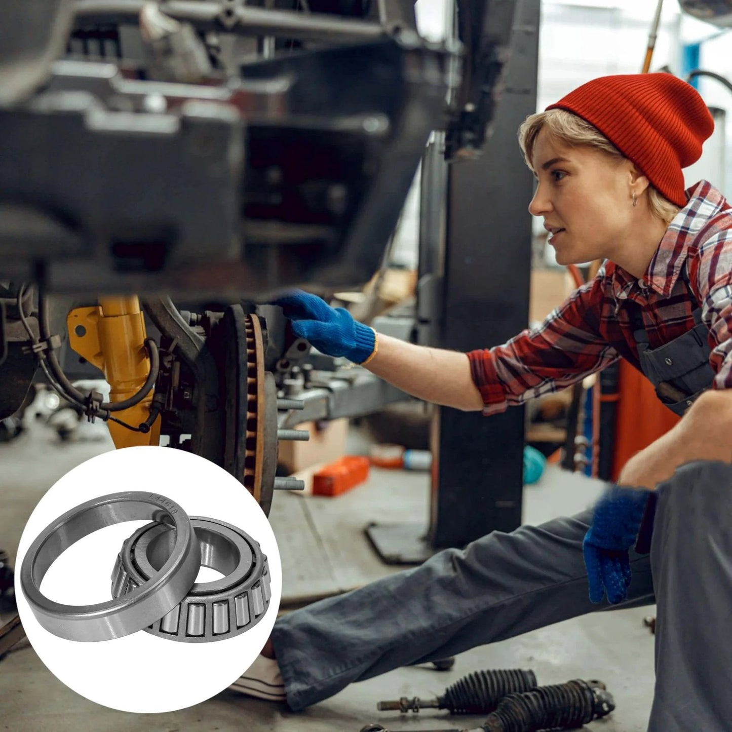 Person inspecting vehicle with inset of L44643/L44610 Tapered Roller Bearing Cone and Cup, 1.0000" Bore x 1.9800" OD x 0.5906" Chrome Steel