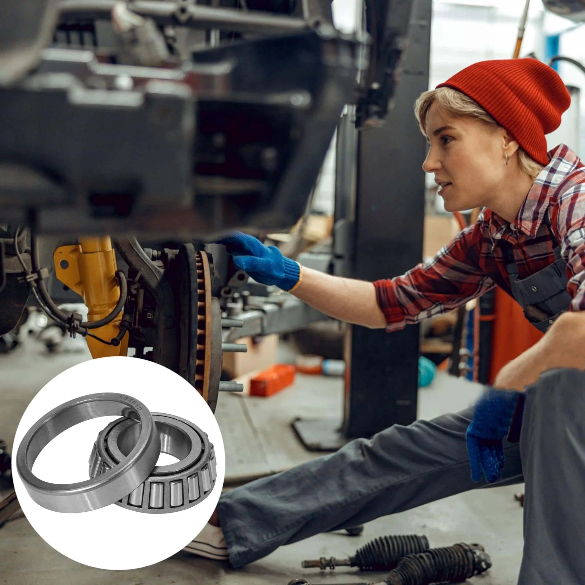 Person inspecting vehicle with inset of L44643/L44610 Tapered Roller Bearing Cone and Cup, 1.0000" Bore x 1.9800" OD x 0.5906" Chrome Steel