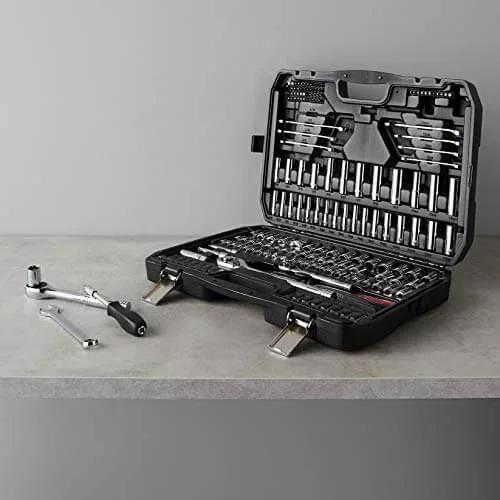 Mechanic's Socket Tool Set With Case, SAE and Metric Sizes, 201-Piece displayed open with tools on surface