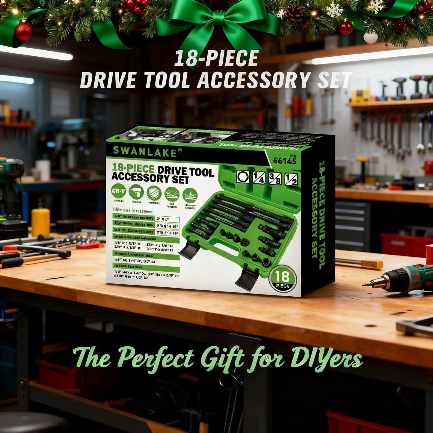Rugged 18 Piece Impact Socket Extension Set With Swivel Universal Joint displayed in a workshop setting