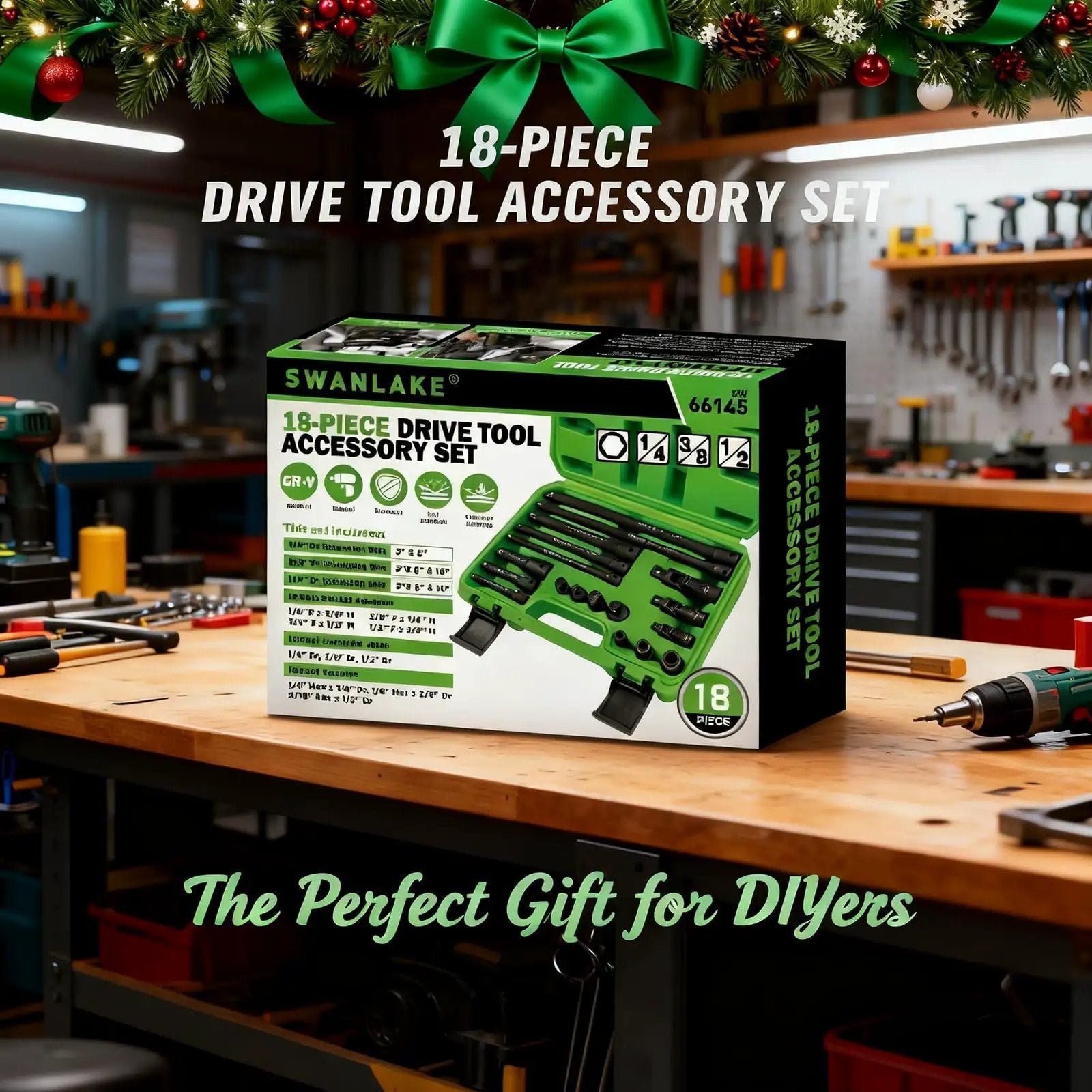Rugged 18 Piece Impact Socket Extension Set With Swivel Universal Joint displayed in a workshop setting