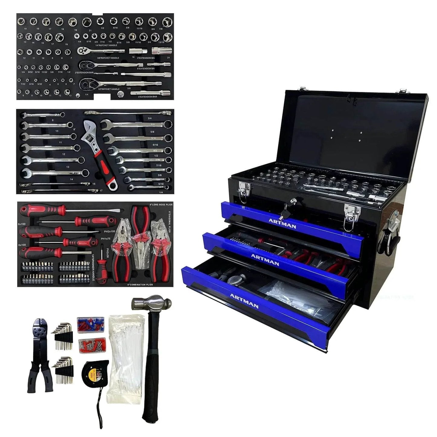 439-Piece Mechanic Tool Set in Heavy-Duty 3-Drawer Steel Box with 4-Tier Socket, Wrenches & Pliers. Portable Household Tool Kit Organizer Case for Auto Repair, Garage, Workshop. Blue