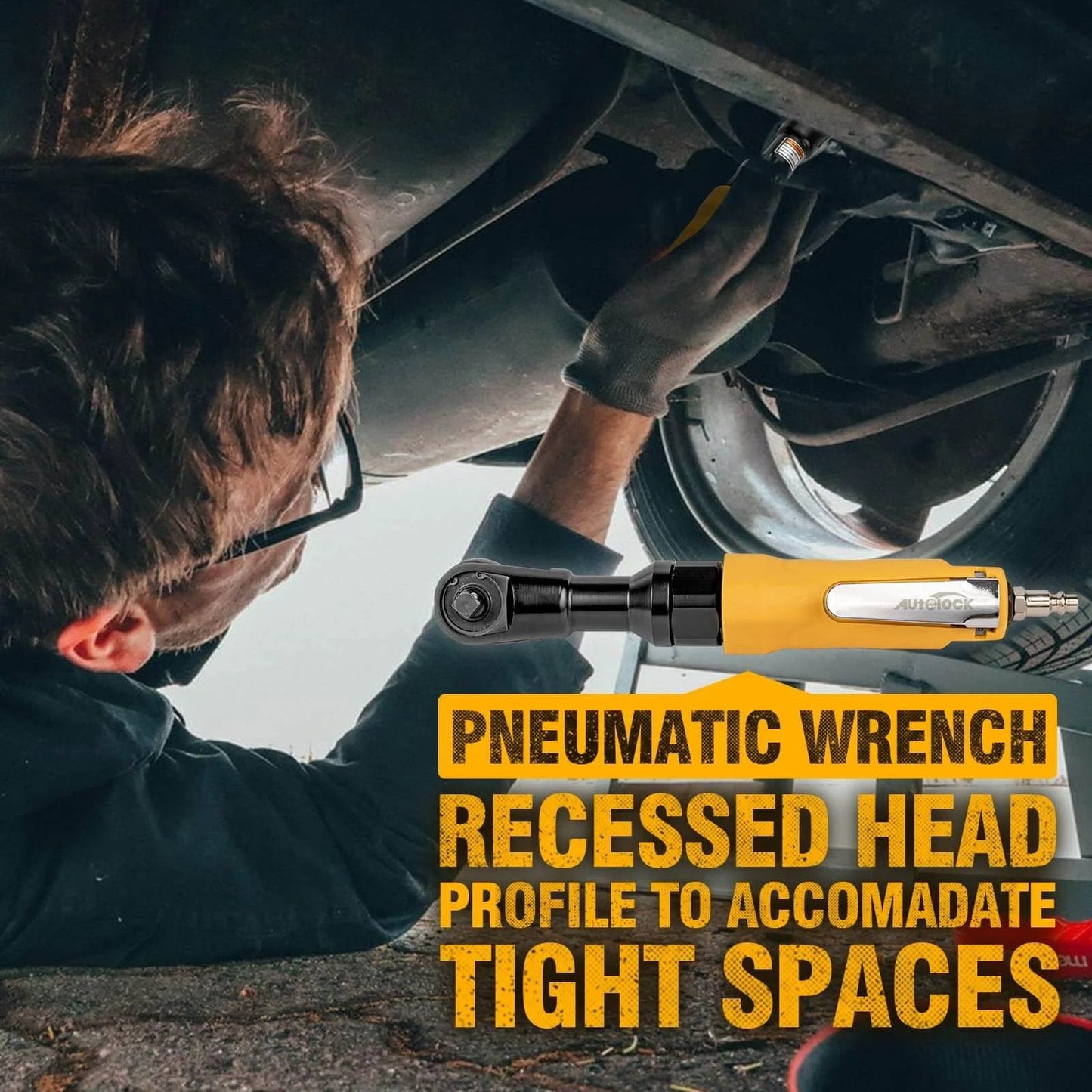 Mechanic using 3/8-Inch Air Ratchet Wrench, Professional Pneumatic Ratchet Wrenches for Auto Maintenance and Repair Work, Maximum Torque 60 FT-LBS under a car.