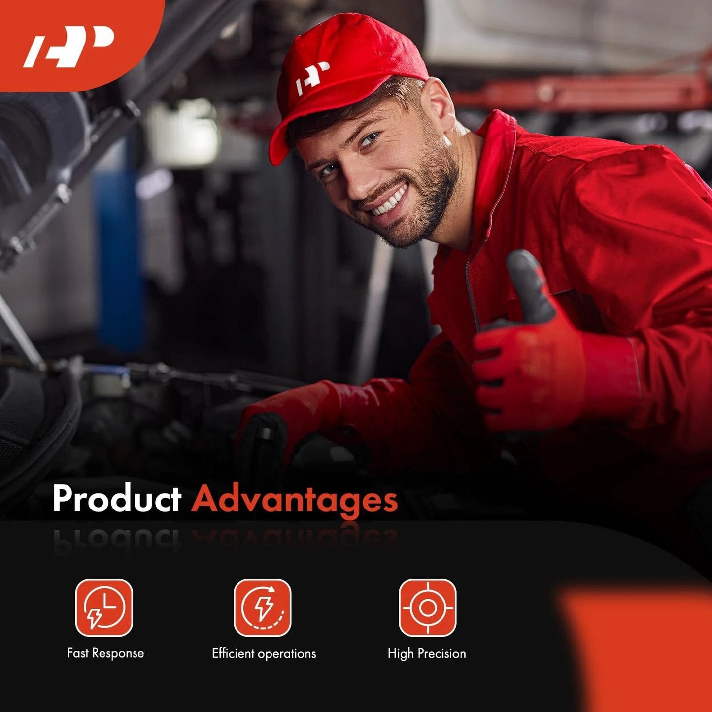 Mechanic in red uniform smiling while inspecting vehicle engine, showcasing ambient air temperature sensor for Chevrolet Buick GMC and Cadillac vehicles.