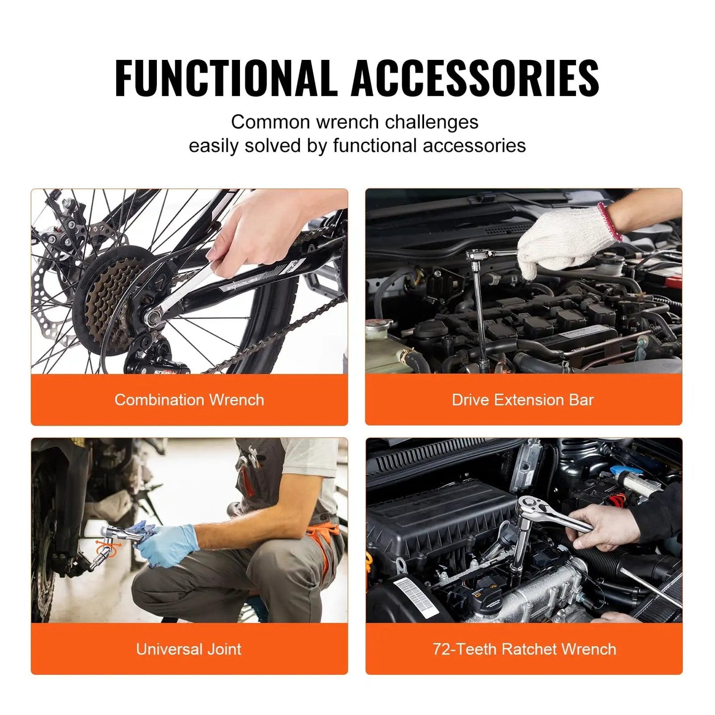 Functional accessories for Premium Mechanics Tool Set With Deep And Standard Sockets In One Quarter Inch Drive, Three Eighths Inch Drive, And One Half Inch Drives, 450 Piece SAE And Metric Kit With Bits, Combination Wrenches, Hex Keys, Accessories, And Durable Storage Case.