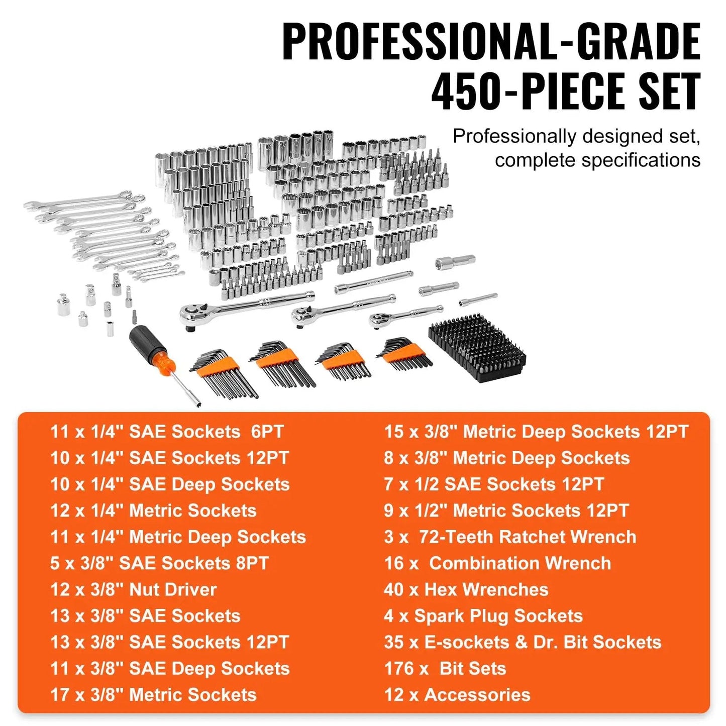 Premium Mechanics Tool Set With Deep And Standard Sockets In One Quarter Inch Drive, Three Eighths Inch Drive, And One Half Inch Drives, 450 Piece SAE And Metric Kit With Bits, Combination Wrenches, Hex Keys, Accessories, And Durable Storage Case