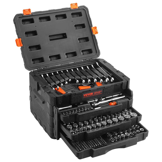 Premium Mechanics Tool Set With Deep And Standard Sockets In One Quarter Inch Drive, Three Eighths Inch Drive, And One Half Inch Drives, 450 Piece SAE And Metric Kit With Bits, Combination Wrenches, Hex Keys, Accessories, And Durable Storage Case, shown with open case displaying tools.