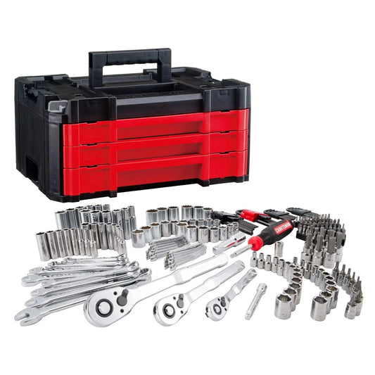Complete 230 Pcs Mechanics Tool Set with VERSASTACK Toolbox showing sockets, wrenches, and hex keys, SAE and Metric sizes, tool kit CMMT45306