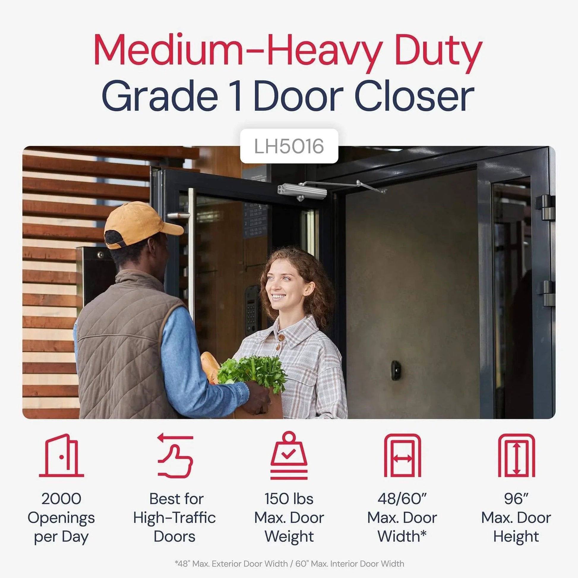 Medium/Heavy Duty Door Closer Commercial Grade 1 - Surface-Mounted Commercial Automatic Door Closer with Adjustable 6-Speed Control and 3 Valves - Embassy Series LH5016 in use at a high-traffic entrance.
