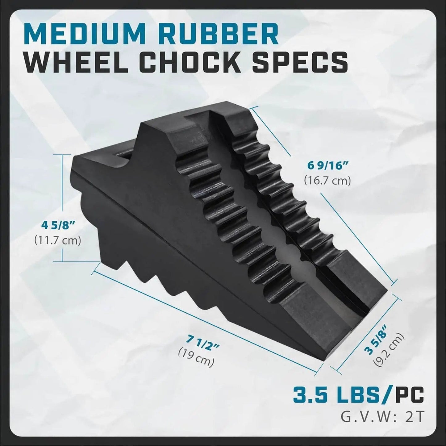 Black medium rubber wheel chock with size dimensions for 4 Pack Wheel Chocks For Cars, RVs, Trucks And Trailers Up To 8T GVW.