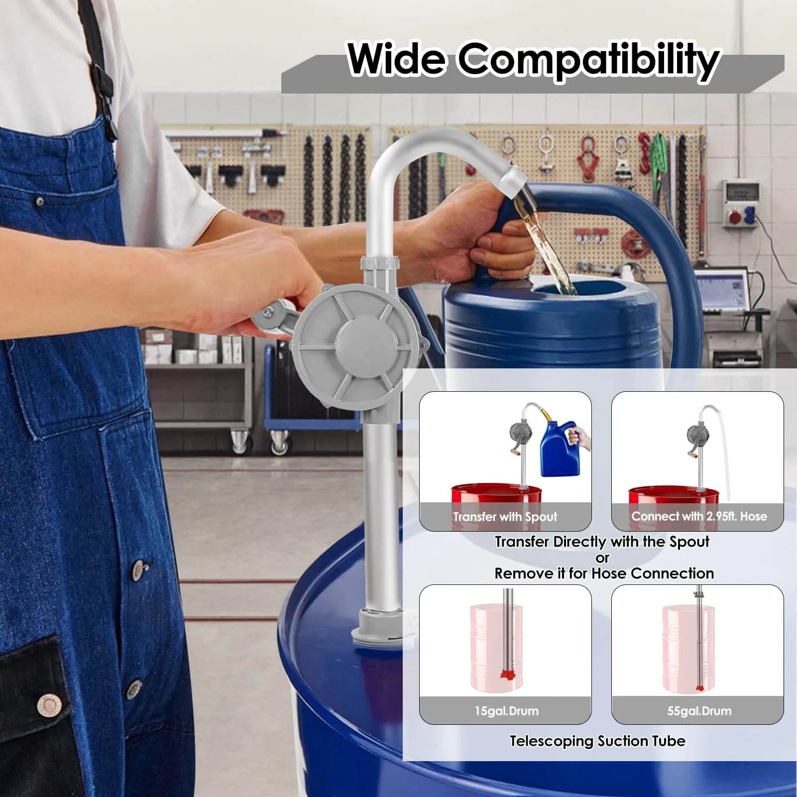 Person using MEKOTRIN 55 Gallon Drum Pump, 7GPM All Aluminum Hand Oil Pump with a blue barrel, showing wide compatibility features.