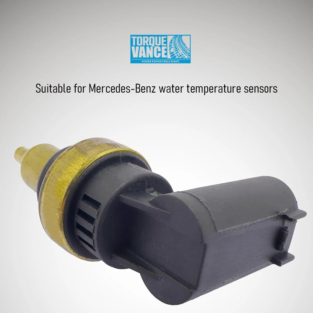 Premium Replacement Coolant Temperature Sensor For Mercedes Benz A Class B Class C Class E Class CLA CLK CLS And More From TorqueVance, side view, plastic and metal construction.
