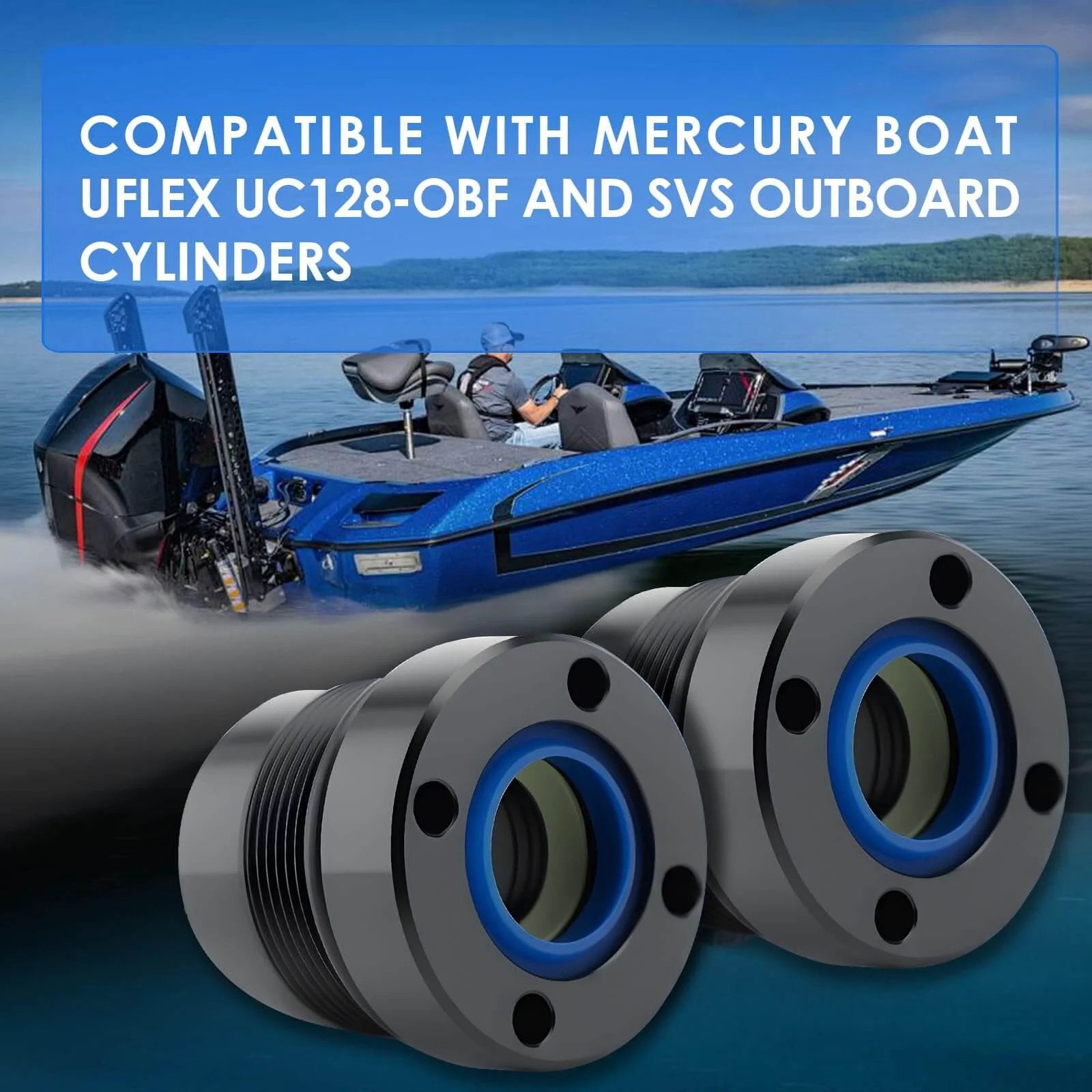 Steering Actuator End Cap Seal Kit for Mercury Outboard for Uflex UC128 UC128-OBF SVS Cylinders shown with boat