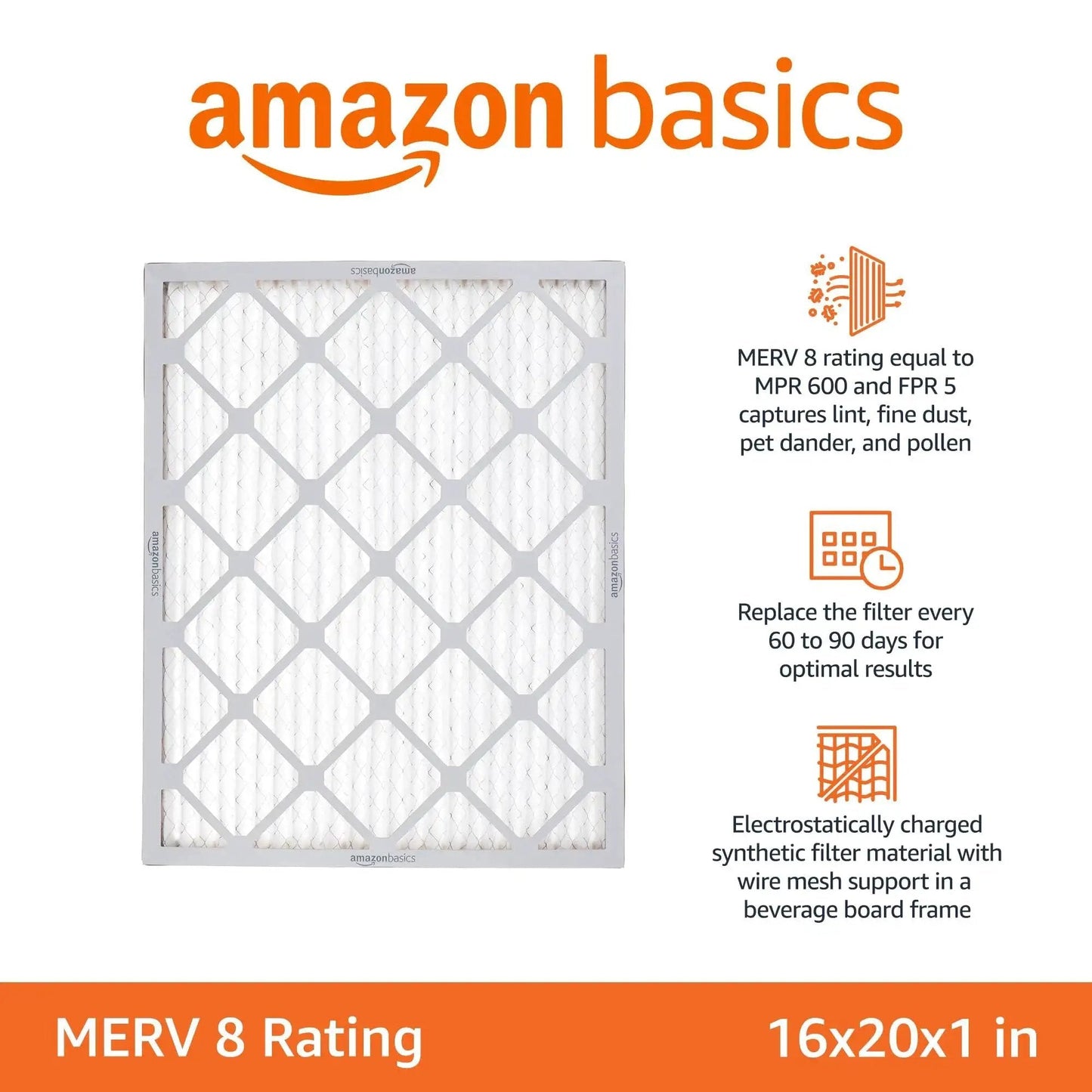 Six pack MERV 8 furnace air filters fit standard 16x20x1 slots, trapping dust, pollen and lint to improve indoor air quality
