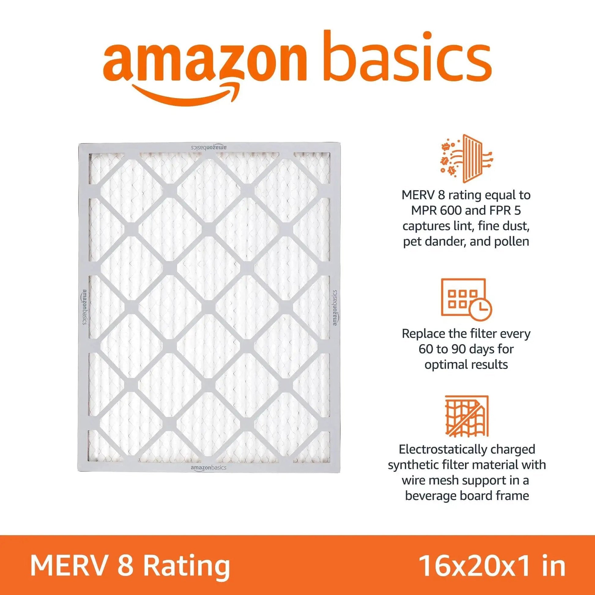 Six pack MERV 8 furnace air filters fit standard 16x20x1 slots, trapping dust, pollen and lint to improve indoor air quality