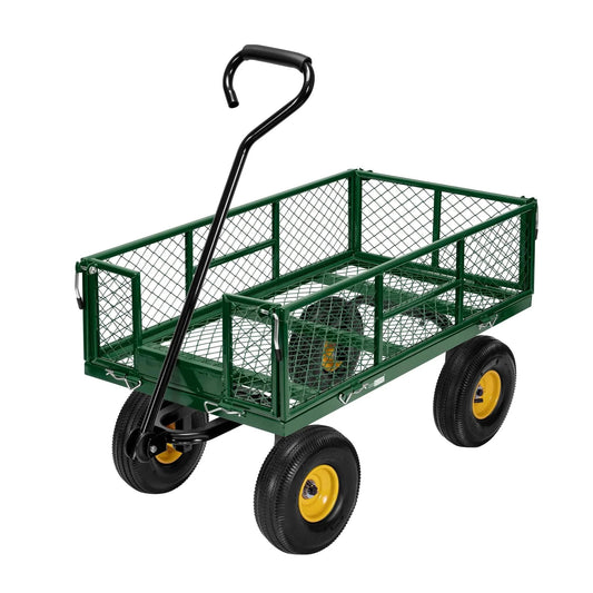 Heavy Duty Mesh Steel Garden Cart Folding Utility Wagon with 880 Lb Capacity and 10 Inch Pneumatic Wheels, side view.
