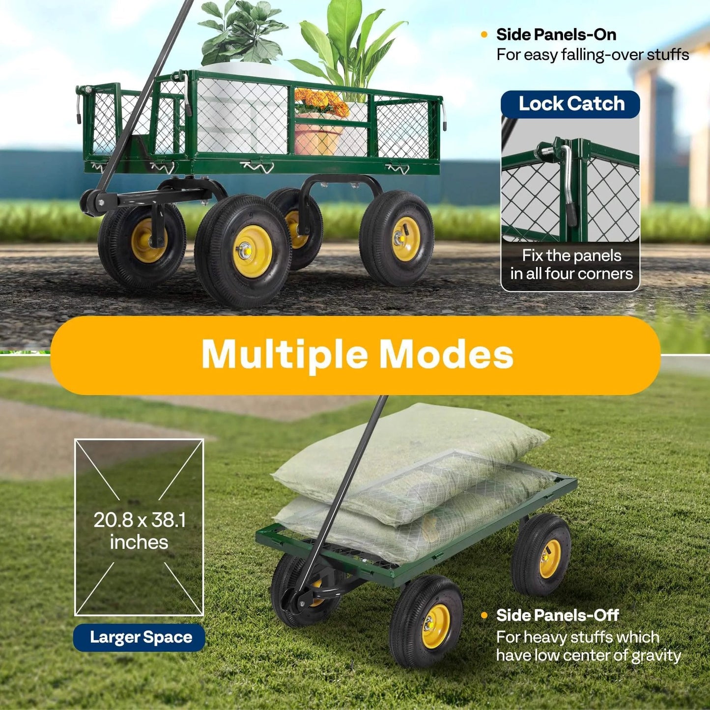 Heavy Duty Mesh Steel Garden Cart Folding Utility Wagon with 880 Lb Capacity, showing side panels on and off, dimensions 20.8 x 38.1 inches.