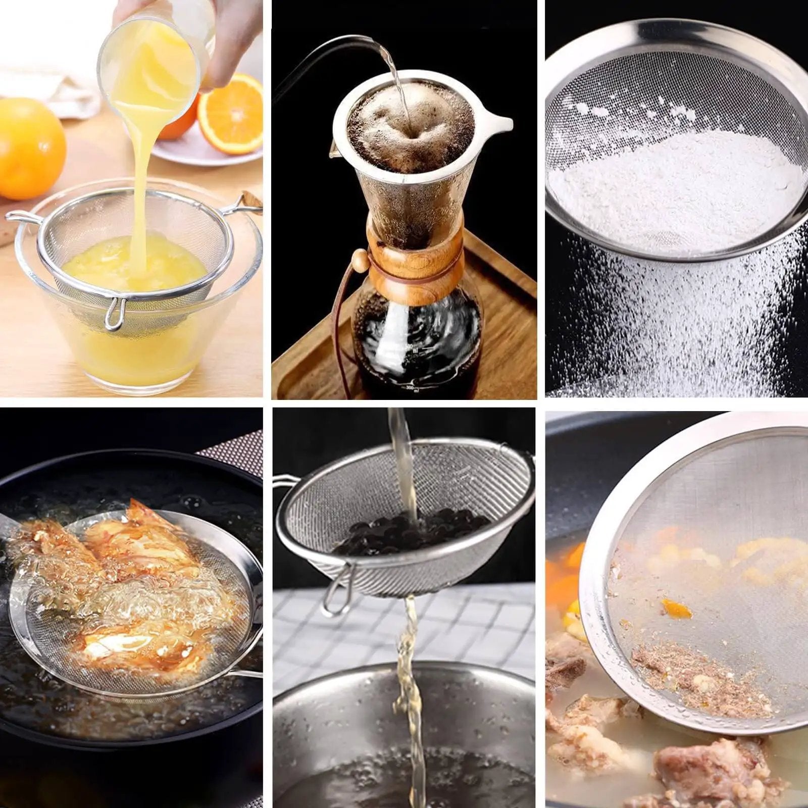Various uses of 120 Mesh 304 Stainless Steel Wire Mesh Screen For DIY Projects And Filtration including juicing and straining food.