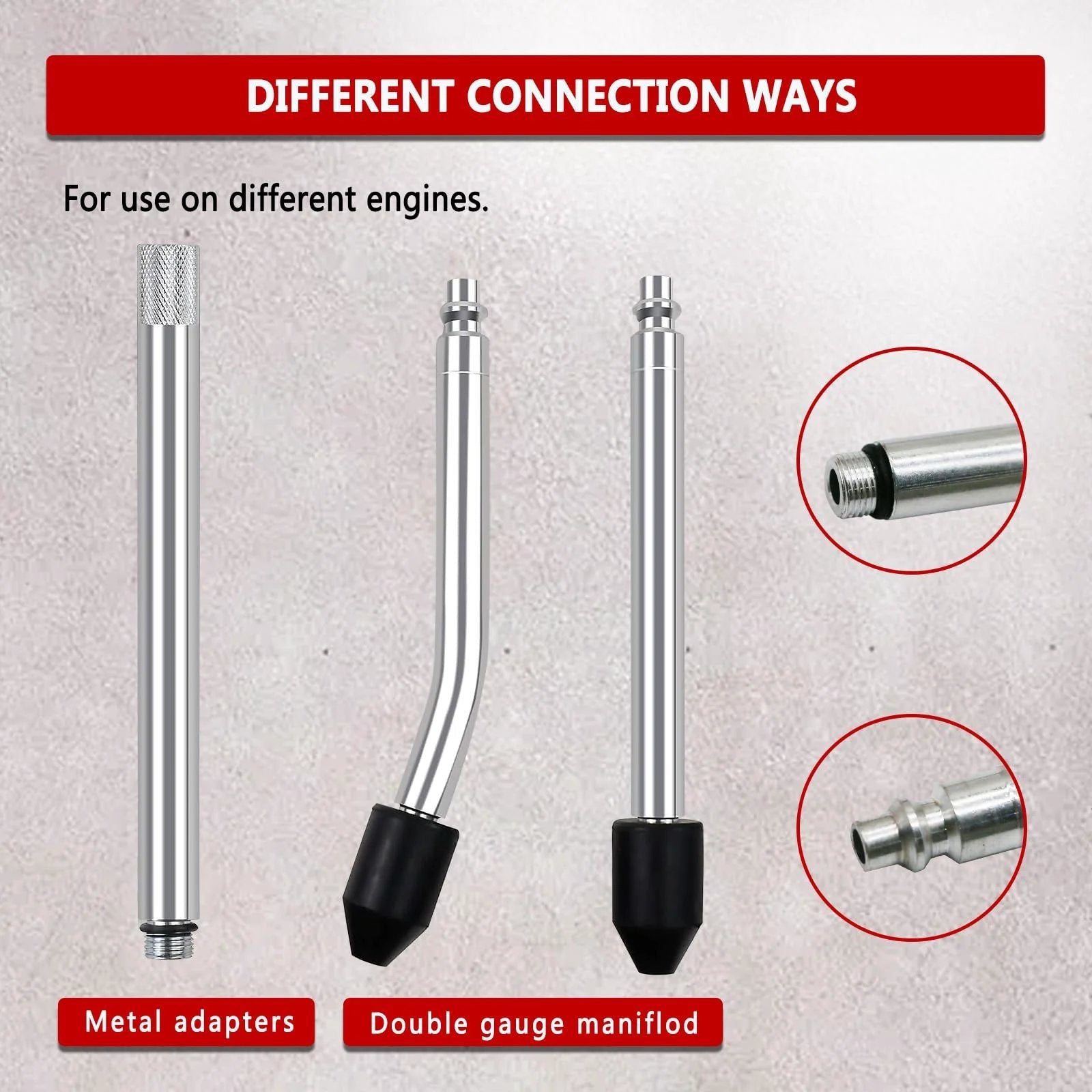 Different connection adapters for Cylinder Leak Down Tester Kit for Automotive Engine Compression Test and Leakage Diagnosis.