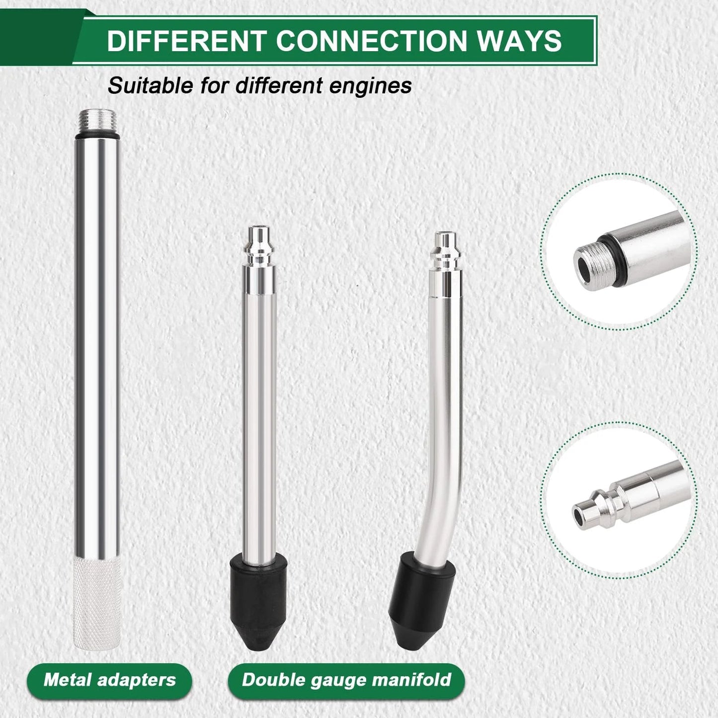 Different connection ways for All In One Cylinder Leak Down Tester Kit For Automotive Engines with metal adapters and gauge manifold.