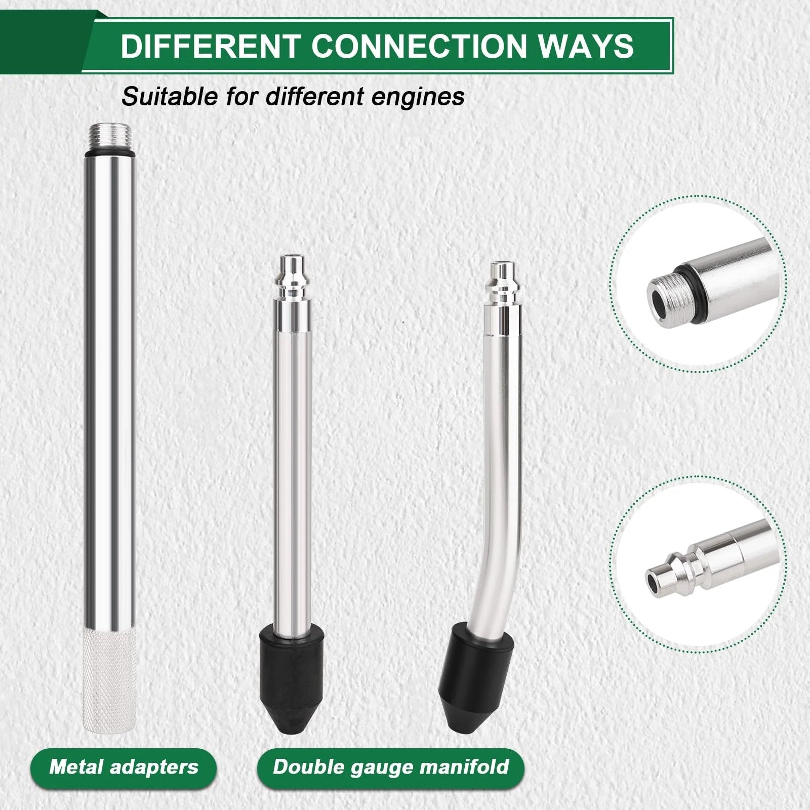 Different connection ways for All In One Cylinder Leak Down Tester Kit For Automotive Engines with metal adapters and gauge manifold.