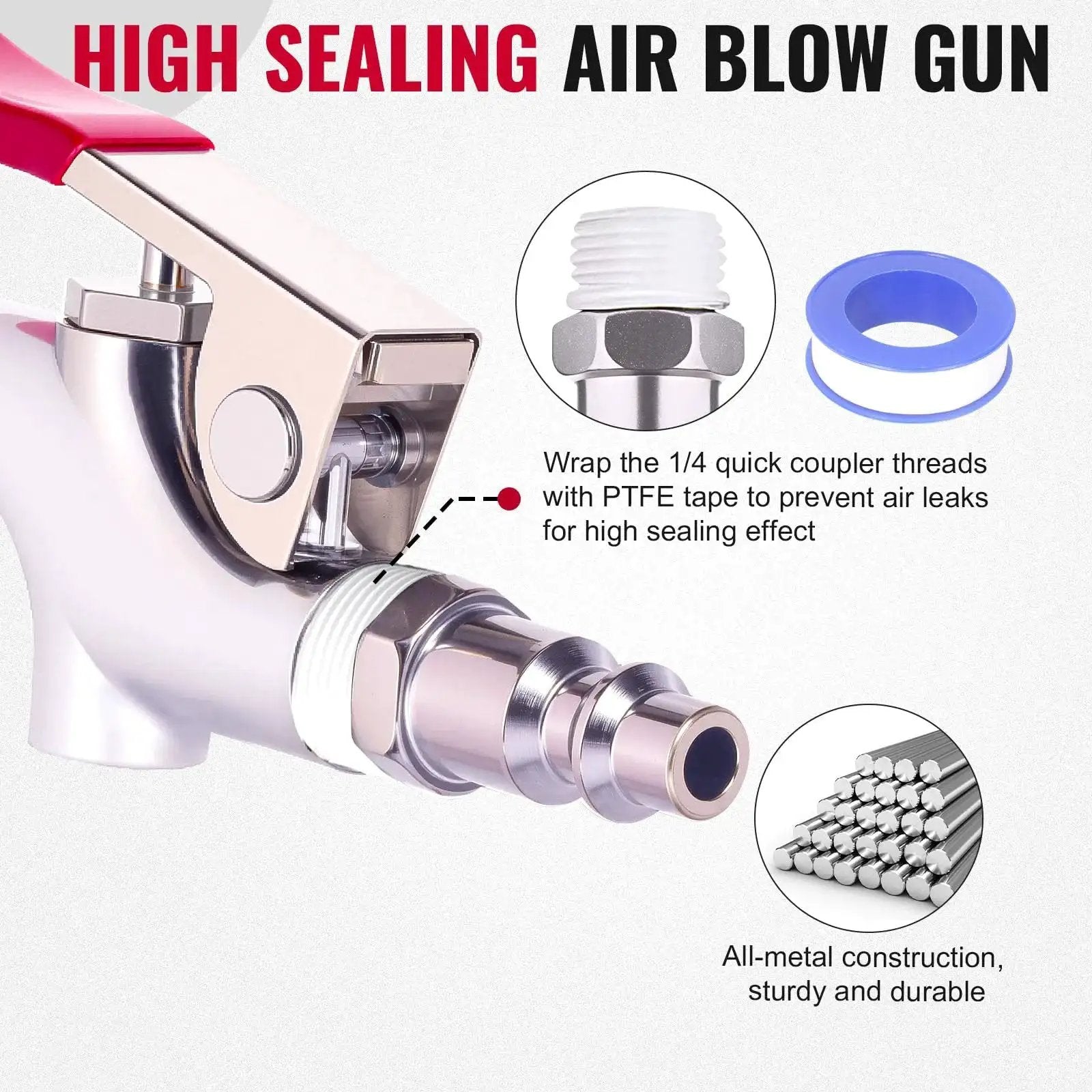 Powerful all metal air blow gun kit delivers efficient dust and debris removal with a 1/4 inch quick-connect, rubber tip