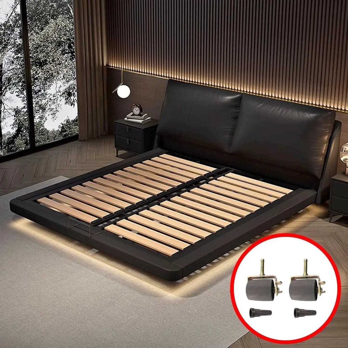 Two Pack Heavy Duty Metal Bed Frame Casters With Brakes Locking Casters For Furniture Standard Leg Sockets On Bed Frames 600 Lb Weight Capacity Smooth Rolling On Carpet Or Hard Floors, shown next to a bed frame.