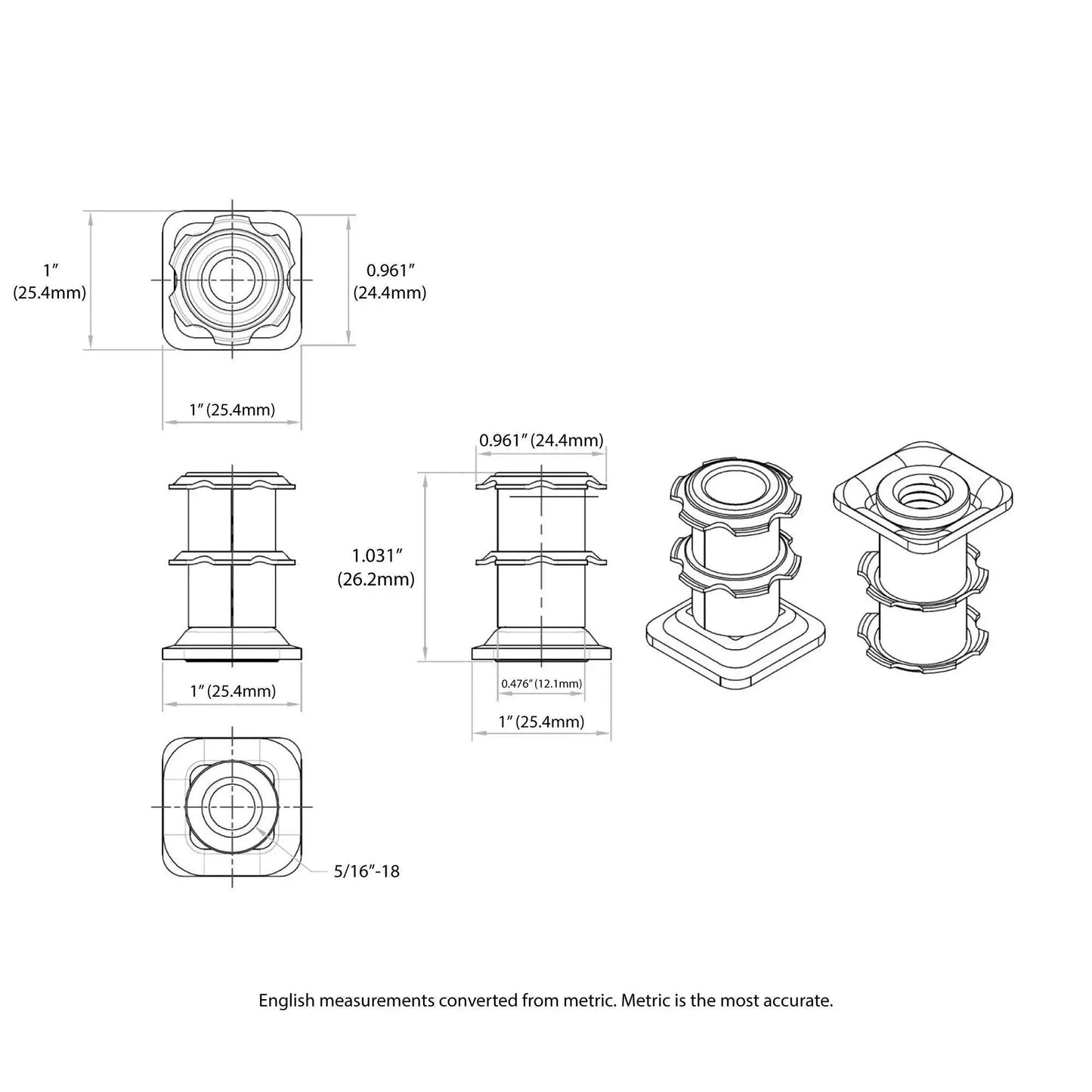 Technical drawing of One Inch Square Metal Double Star Caster Insert With 5/16-18 Threaded Stem For 2 Inch Wheel Industrial Casters