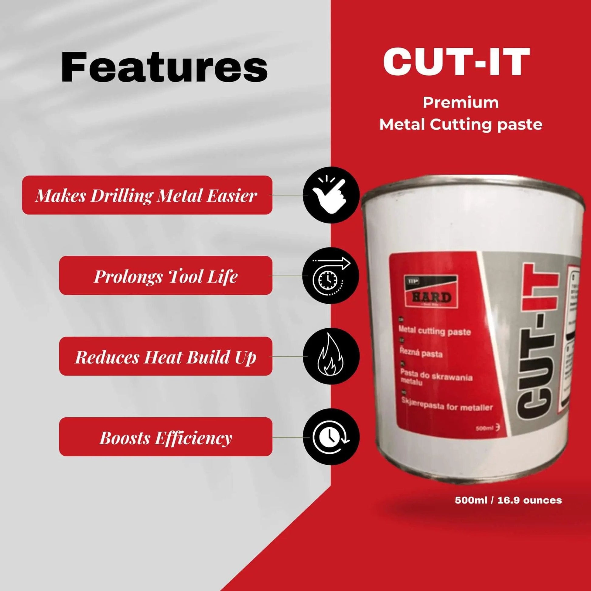 Heavy Duty Metal Drilling Fluid For Aluminum And Stainless Steel That Keeps Your Bits Cool Extends Tool Life And Works As A Water Soluble Cutting Lubricant For Drills Tapping Lathe Bandsaw And Die Tools product image showing "Cut-It" metal cutting paste features.