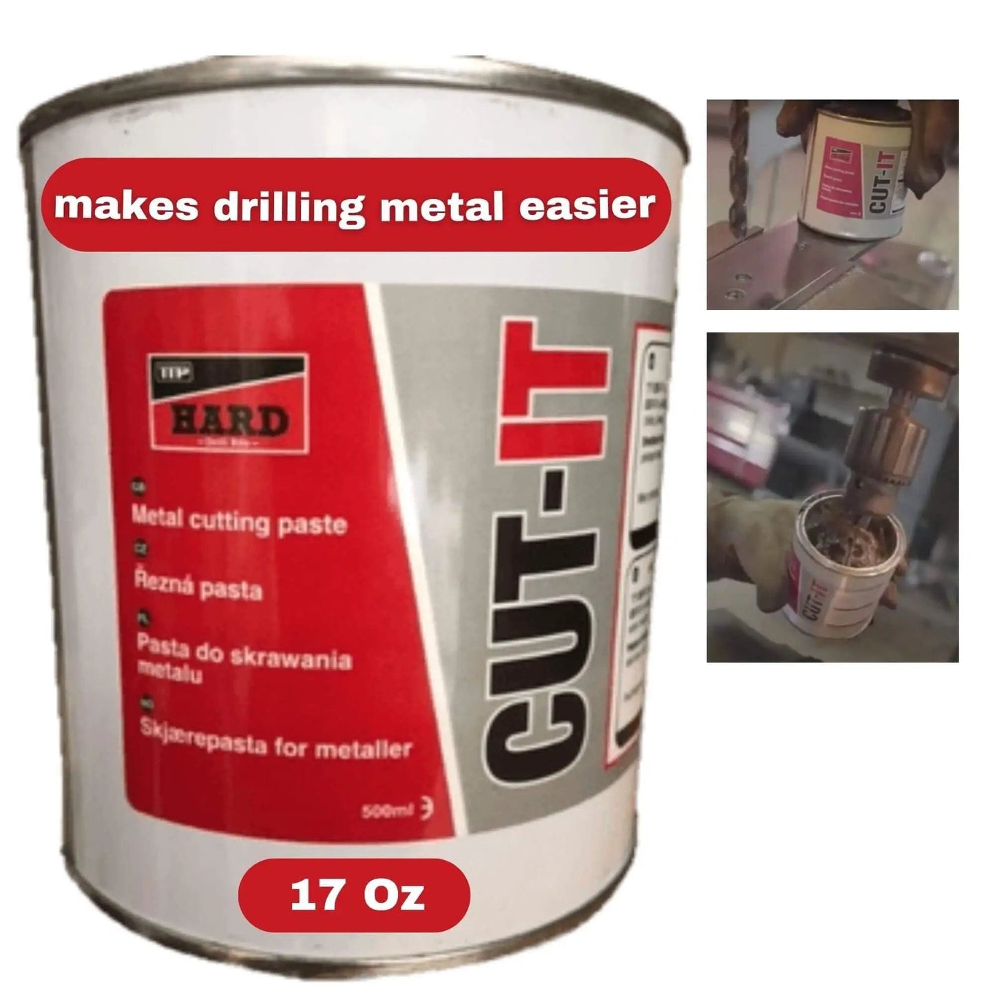 17 oz heavy duty metal drilling fluid shown as a water soluble cutting lubricant for drills, tapping, lathe, bandsaw, and die tools